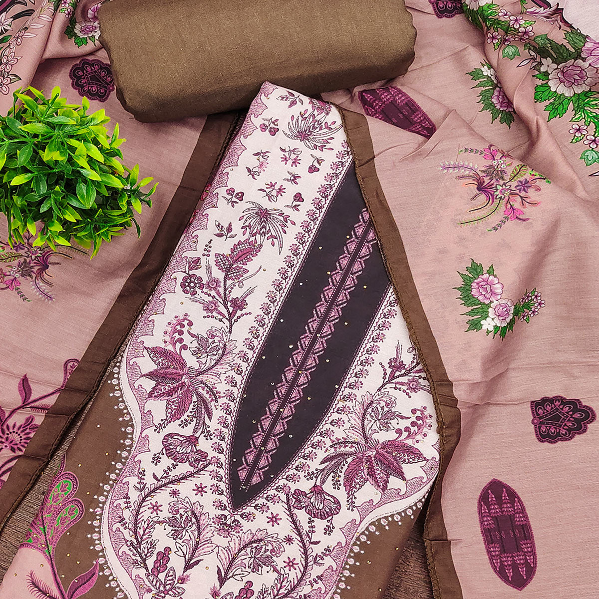 Peach Floral Digital Printed Muslin Dress Material Enhanced With Shimmering Swarovski Work