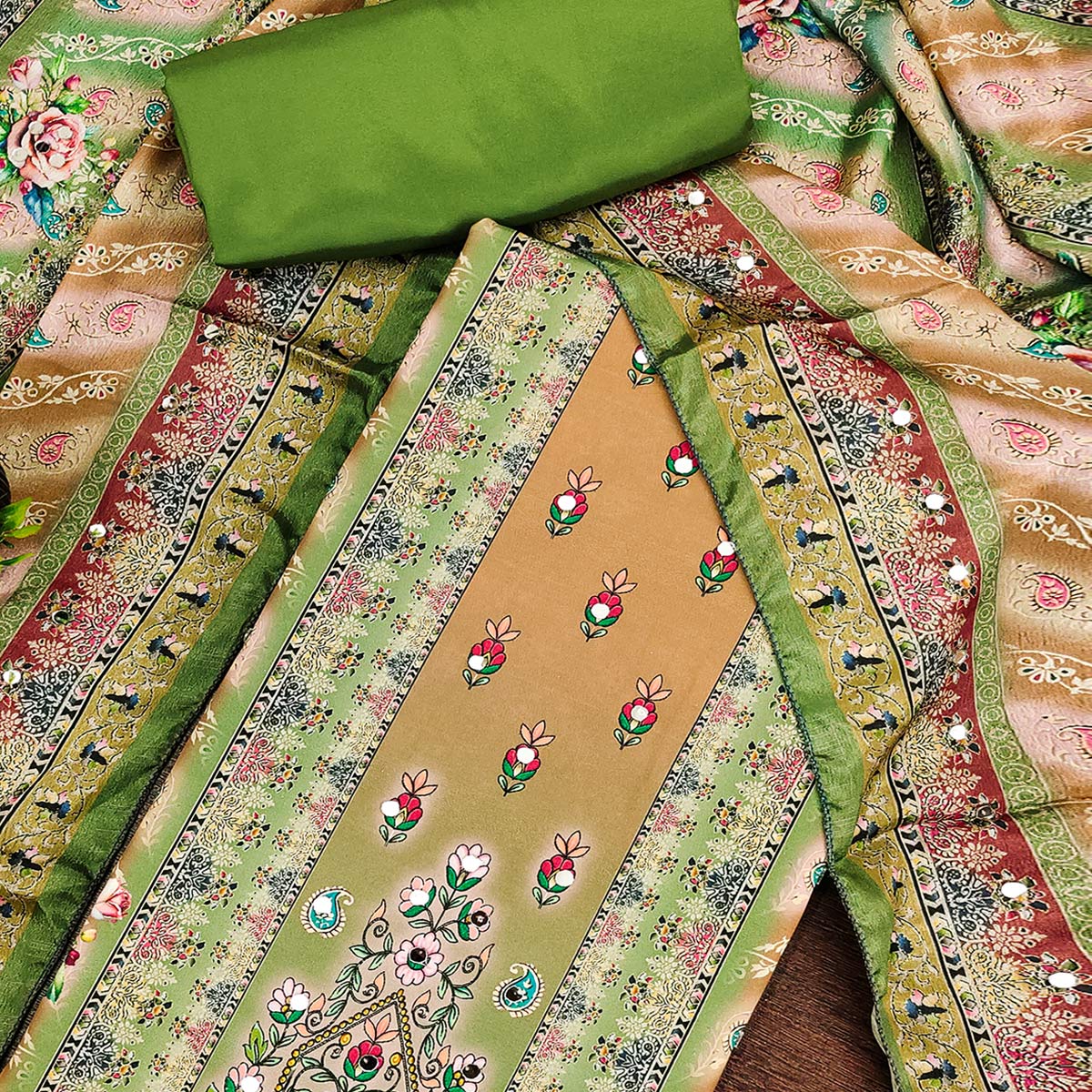 Green Muslin Dress Material Featuring Graceful Floral Digital Print Embellished With Mirror Work