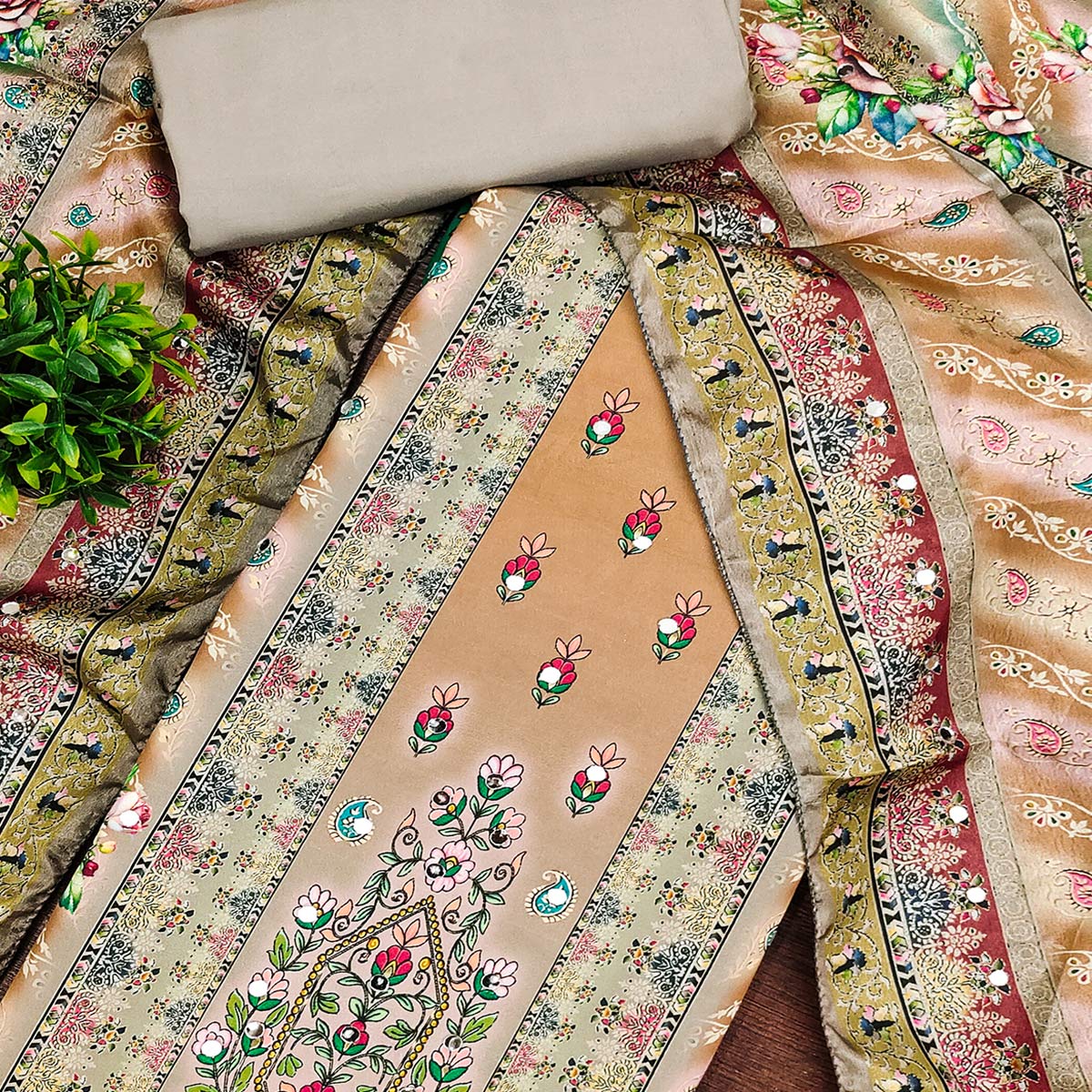 Grey Muslin Dress Material Featuring Graceful Floral Digital Print Embellished With Mirror Work