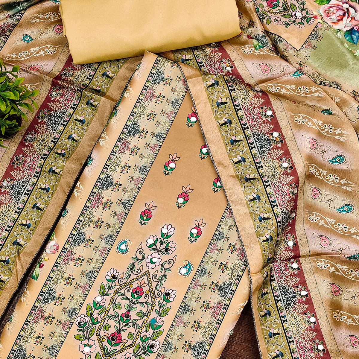 Mustard Muslin Dress Material Featuring Graceful Floral Digital Print Embellished With Mirror Work
