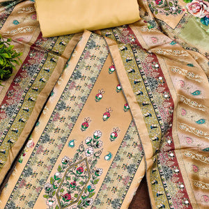 Mustard Muslin Dress Material Featuring Graceful Floral Digital Print Embellished With Mirror Work