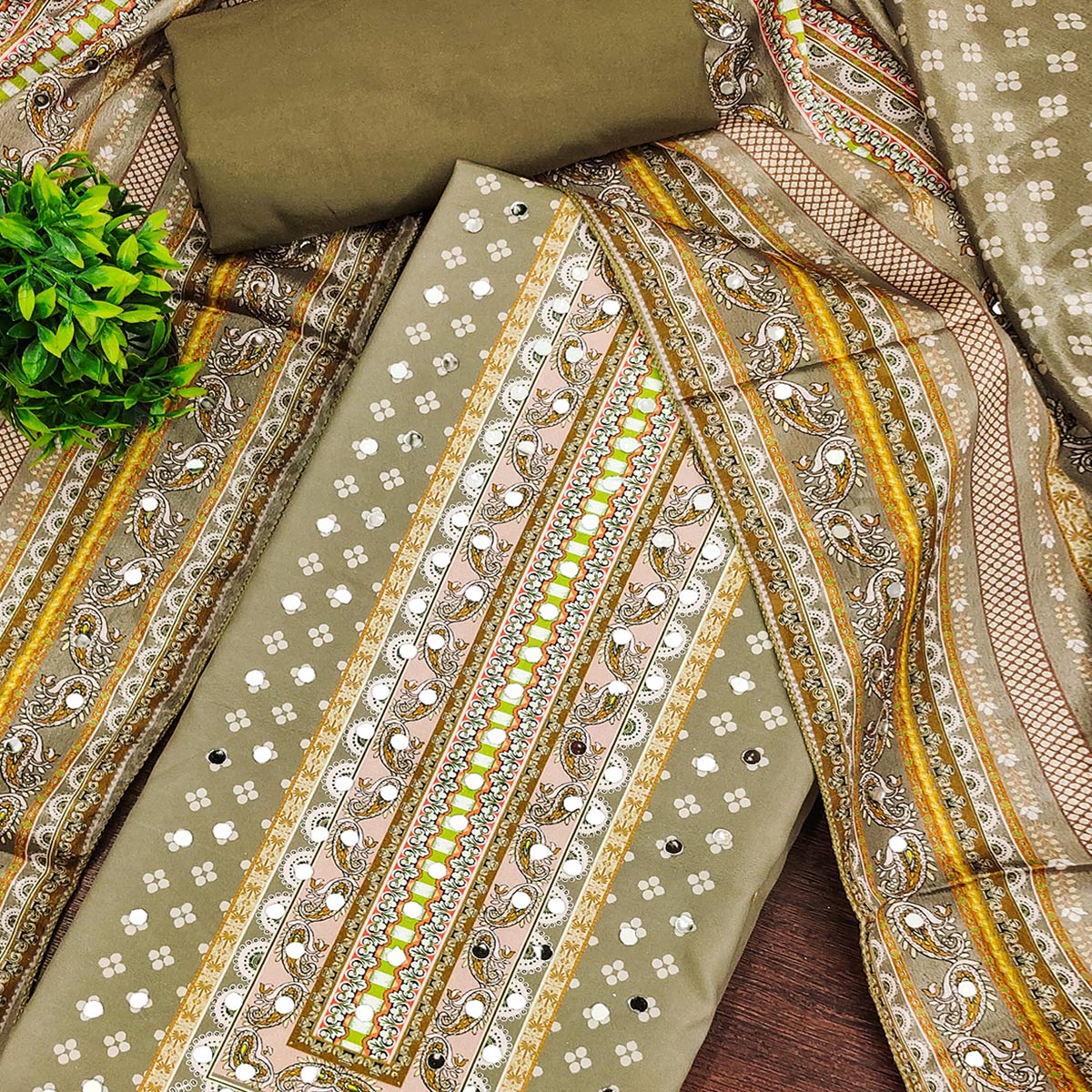 Soothing Mehendi Green Floral Digital Printed Dress Material Crafted From Muslin With Mirror Work
