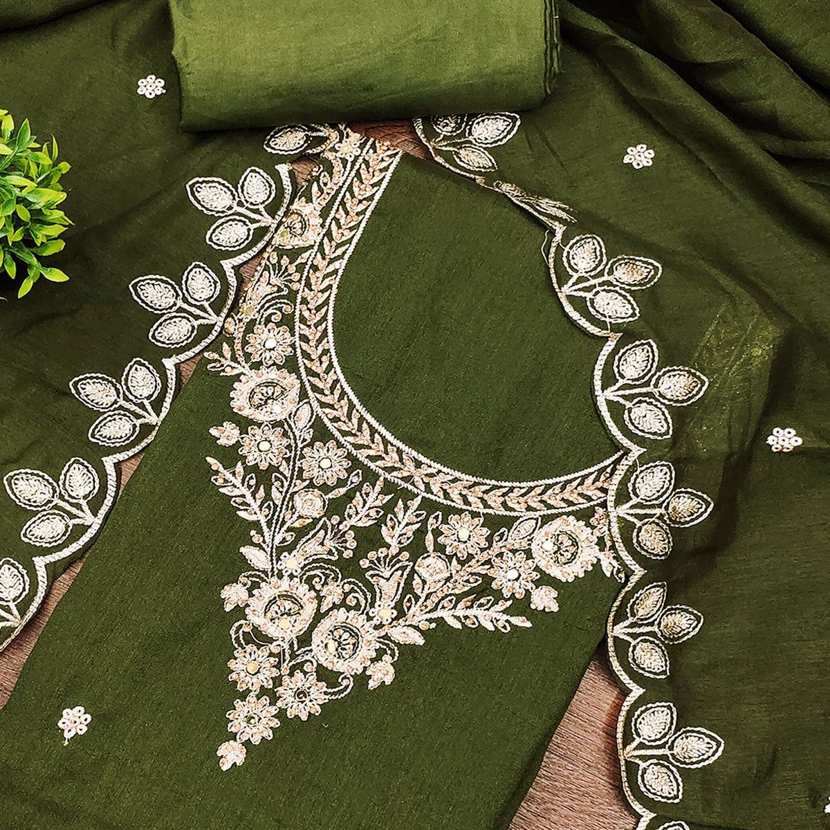 Graceful Green Floral Embroidered Vichitra Silk Dress Material Enhanced With Diamond Work