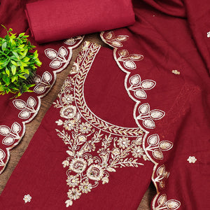 Graceful Maroon Floral Embroidered Vichitra Silk Dress Material Enhanced With Diamond Work