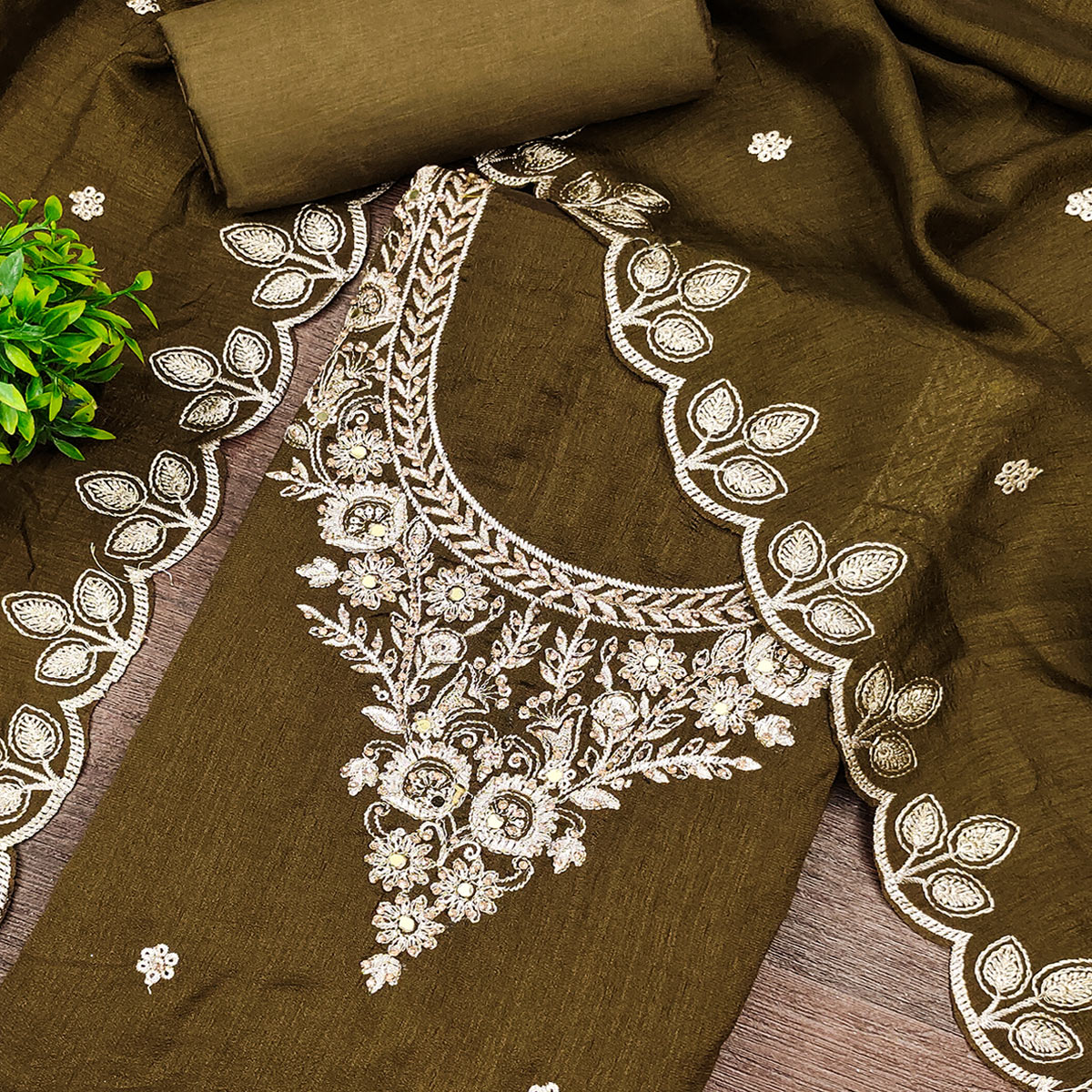 Graceful Mehendi Green  Floral Embroidered Vichitra Silk Dress Material Enhanced With Diamond Work