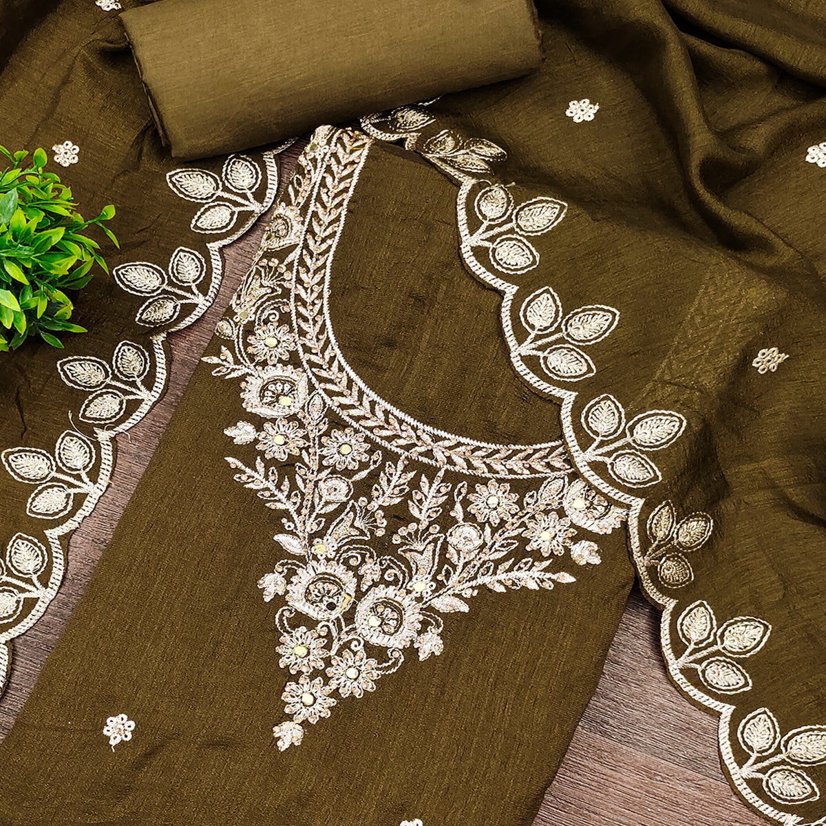 Graceful Mehendi Green  Floral Embroidered Vichitra Silk Dress Material Enhanced With Diamond Work