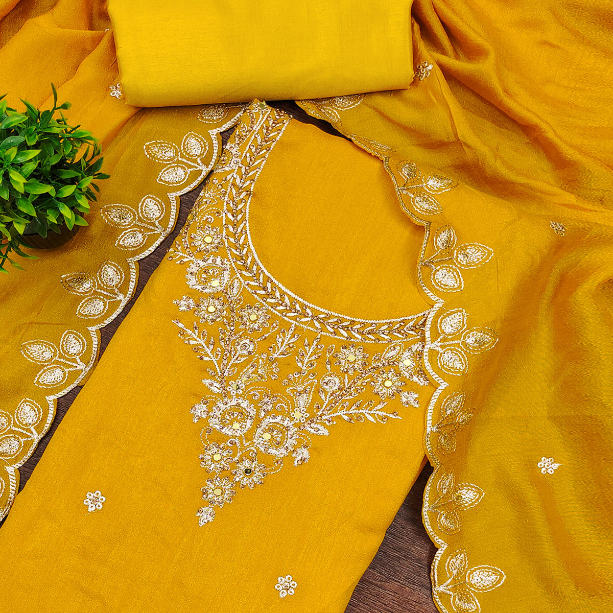 Graceful Mustard Floral Embroidered Vichitra Silk Dress Material Enhanced With Diamond Work