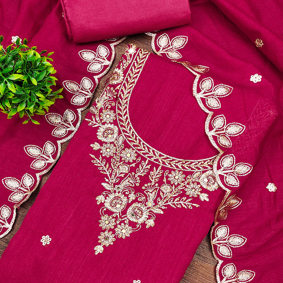 Graceful Pink Floral Embroidered Vichitra Silk Dress Material Enhanced With Diamond Work
