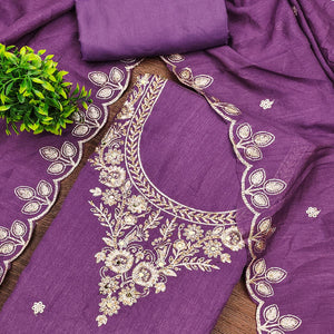 Graceful Purple Floral Embroidered Vichitra Silk Dress Material Enhanced With Diamond Work