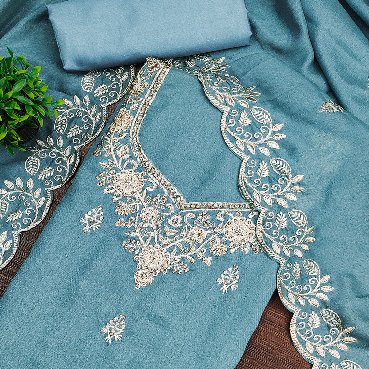 Graceful Blue Floral Embroidered Vichitra Silk Dress Material Enhanced With Diamond Work