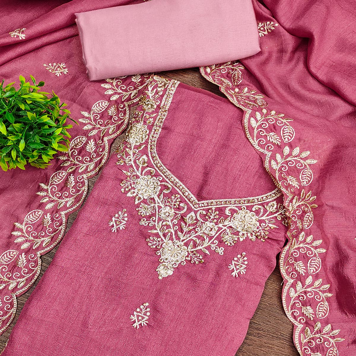 Graceful Pink Floral Embroidered Vichitra Silk Dress Material Enhanced With Diamond Work