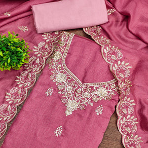 Graceful Pink Floral Embroidered Vichitra Silk Dress Material Enhanced With Diamond Work