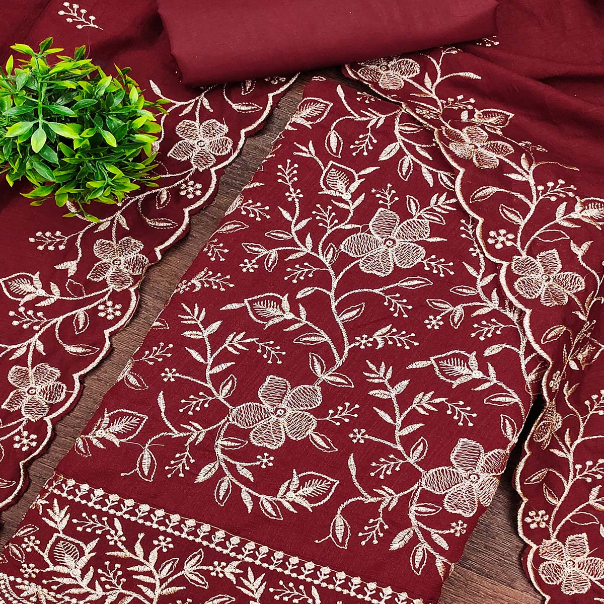 Elegant Maroon Vichitra Silk Dress Material Adorned With Exquisite Floral Zari Embroidery Work