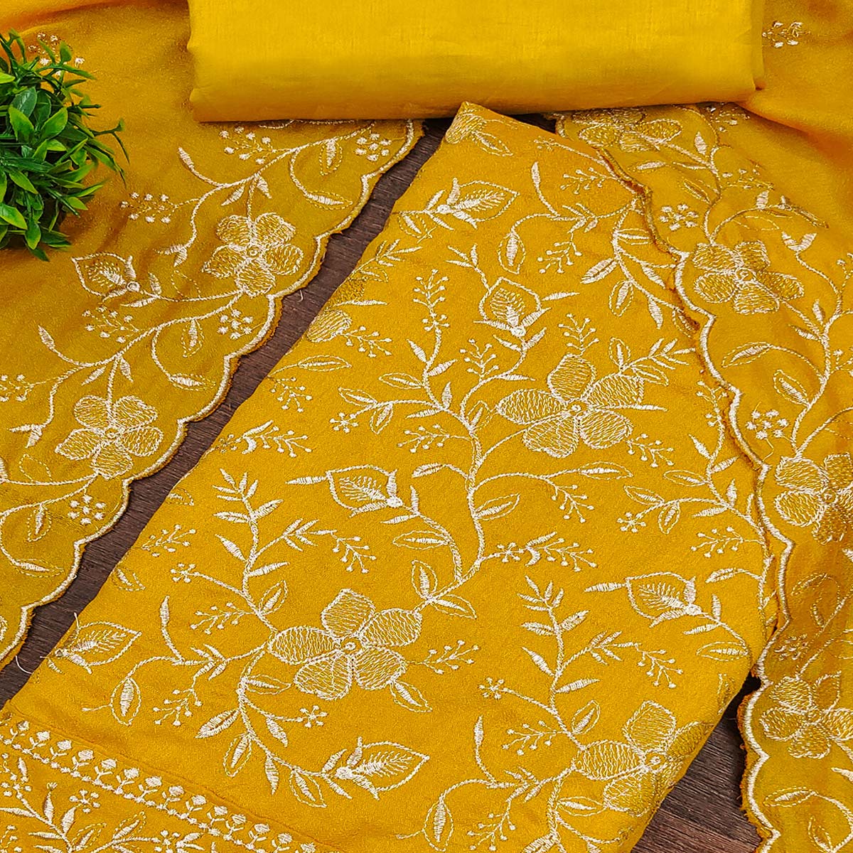 Elegant Mustard Vichitra Silk Dress Material Adorned With Exquisite Floral Zari Embroidery Work