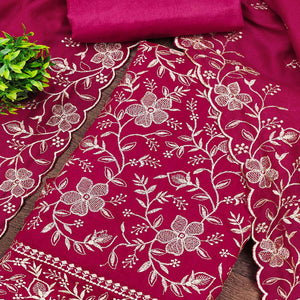 Elegant Pink Vichitra Silk Dress Material Adorned With Exquisite Floral Zari Embroidery Work