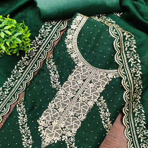 Graceful Green Floral Embroidered Vichitra Silk Dress Material Enhanced With Sparkling Swarovski