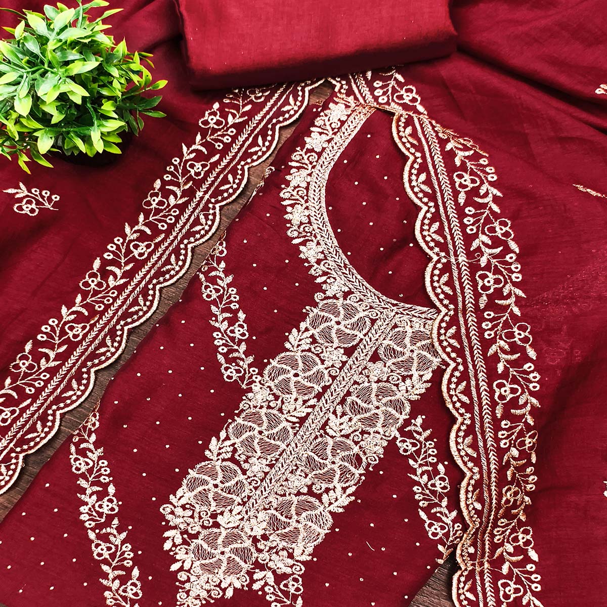 Graceful Maroon Floral Embroidered Vichitra Silk Dress Material Enhanced With Sparkling Swarovski