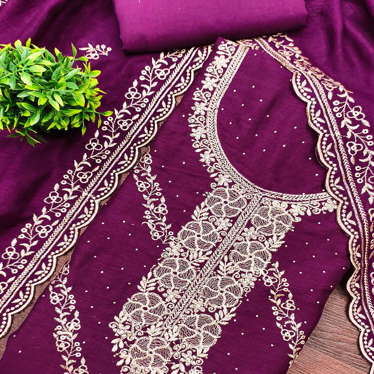 Graceful Purple Floral Embroidered Vichitra Silk Dress Material Enhanced With Sparkling Swarovski