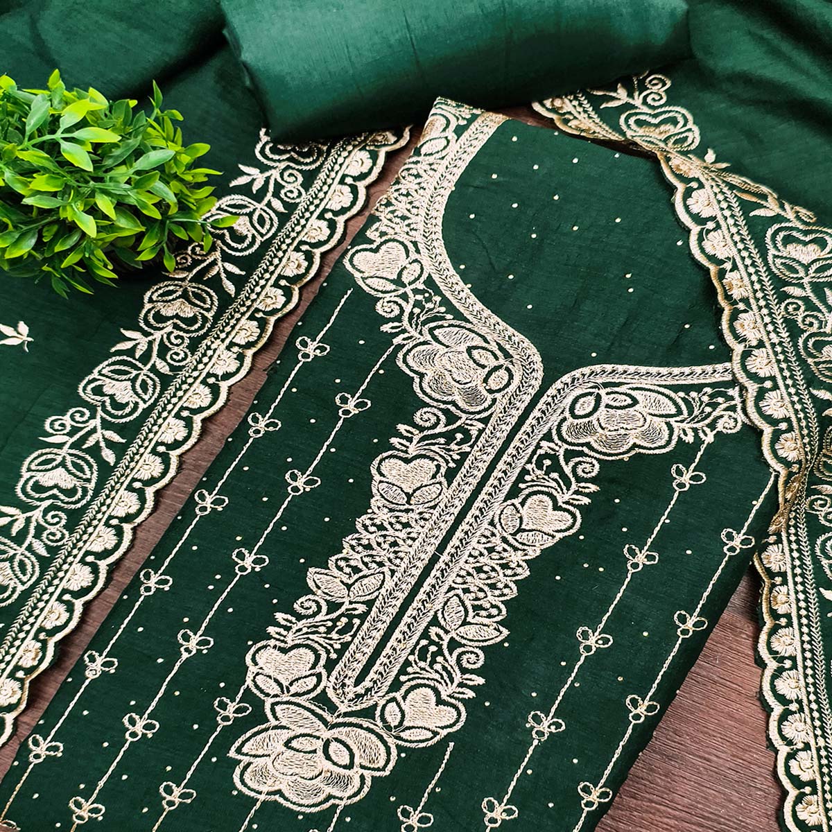 Regal Green Floral Embroidered Vichitra Silk Dress Material With Dazzling Swarovski Work Detailing