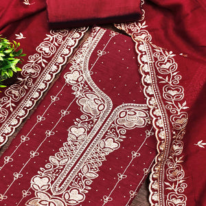Regal Maroon Floral Embroidered Vichitra Silk Dress Material With Dazzling Swarovski Work Detailing