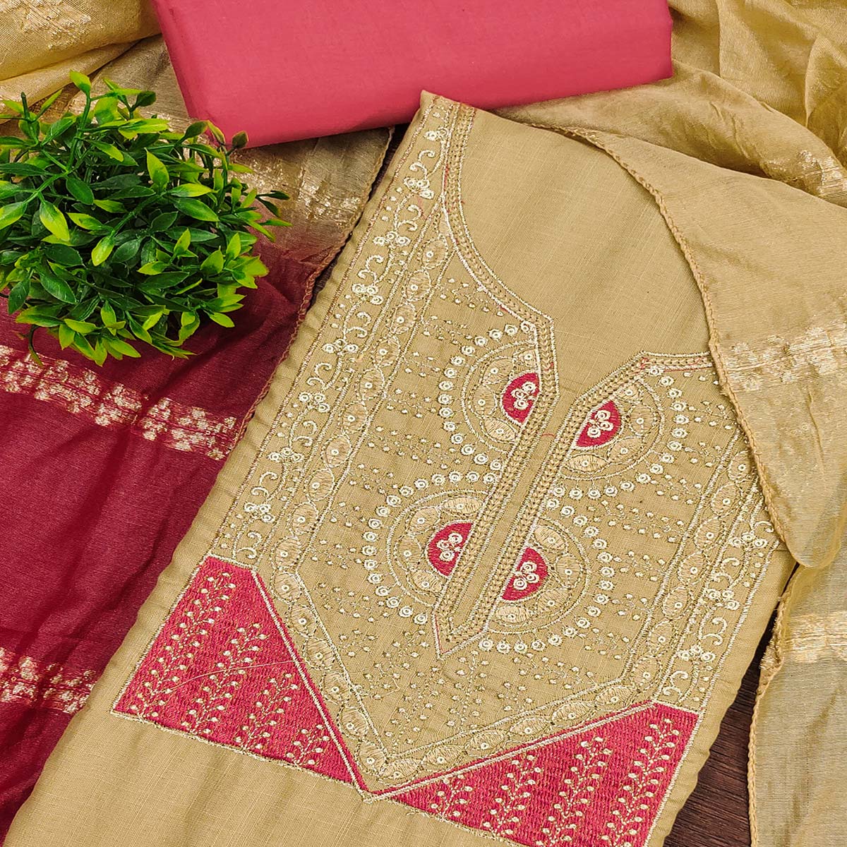 Classic Chikoo Floral Embroidered Cotton Blend Dress Material With Shimmering Sequins Work