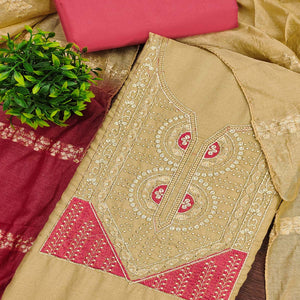 Classic Chikoo Floral Embroidered Cotton Blend Dress Material With Shimmering Sequins Work