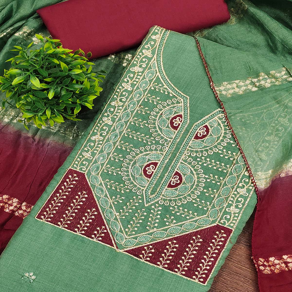 Classic Green Floral Embroidered Cotton Blend Dress Material With Shimmering Sequins Work