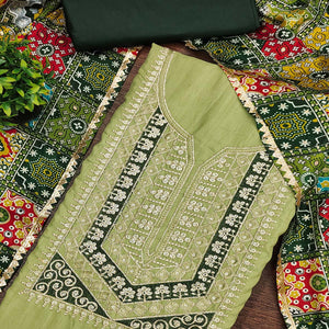 Stylish Green Cotton Blend Dress Material Enriched With Floral Embroidery & Sequins Work