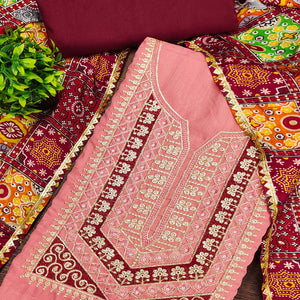 Stylish Pink Cotton Blend Dress Material Enriched With Floral Embroidery & Sequins Work