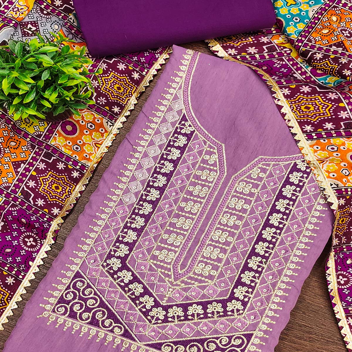 Stylish Purple Cotton Blend Dress Material Enriched With Floral Embroidery & Sequins Work