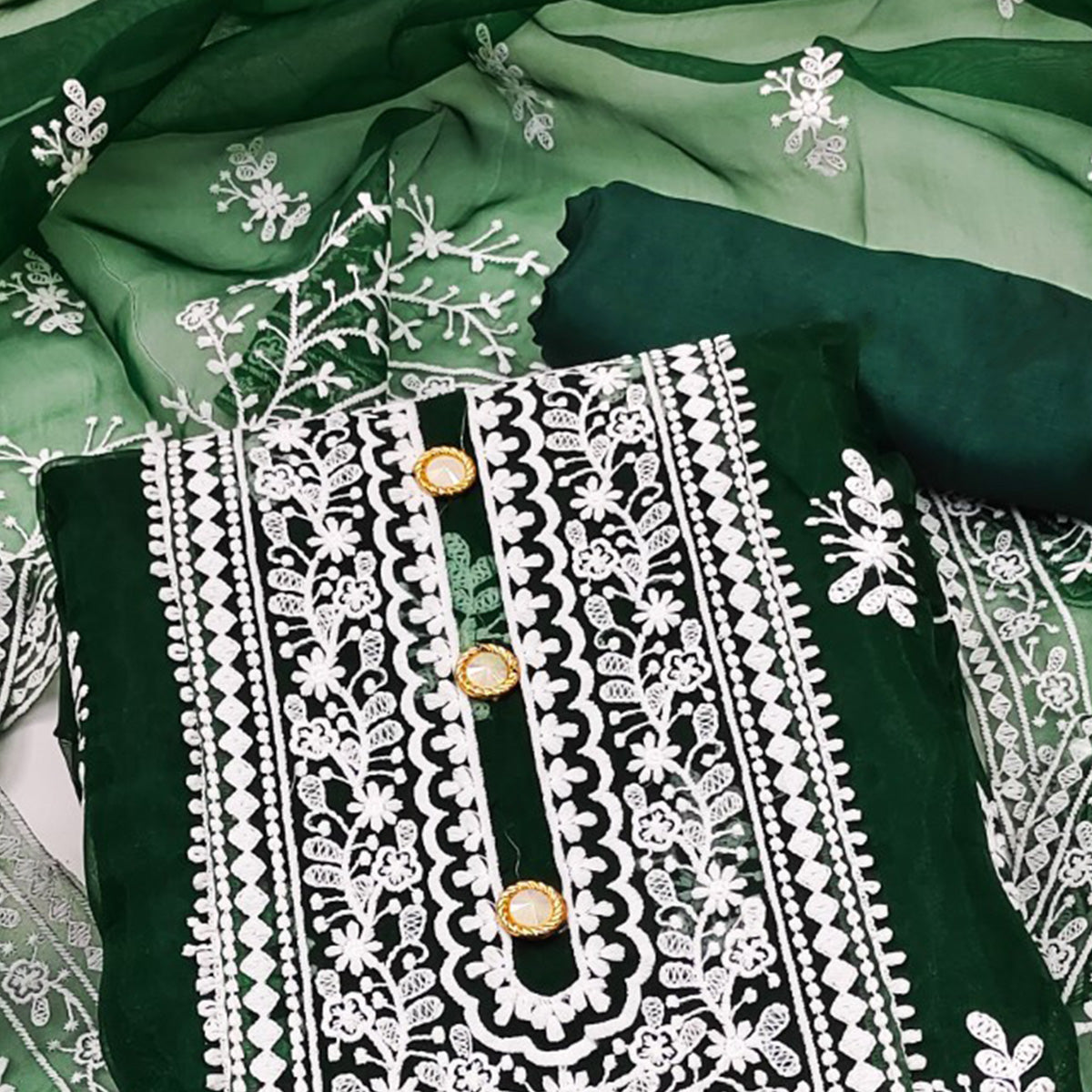 Green Floral Embroidered Organza Dress Material