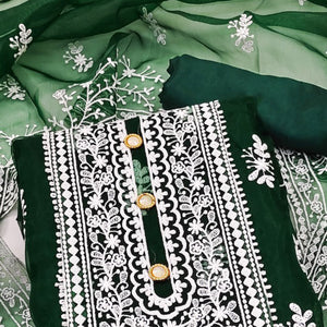 Green Floral Embroidered Organza Dress Material