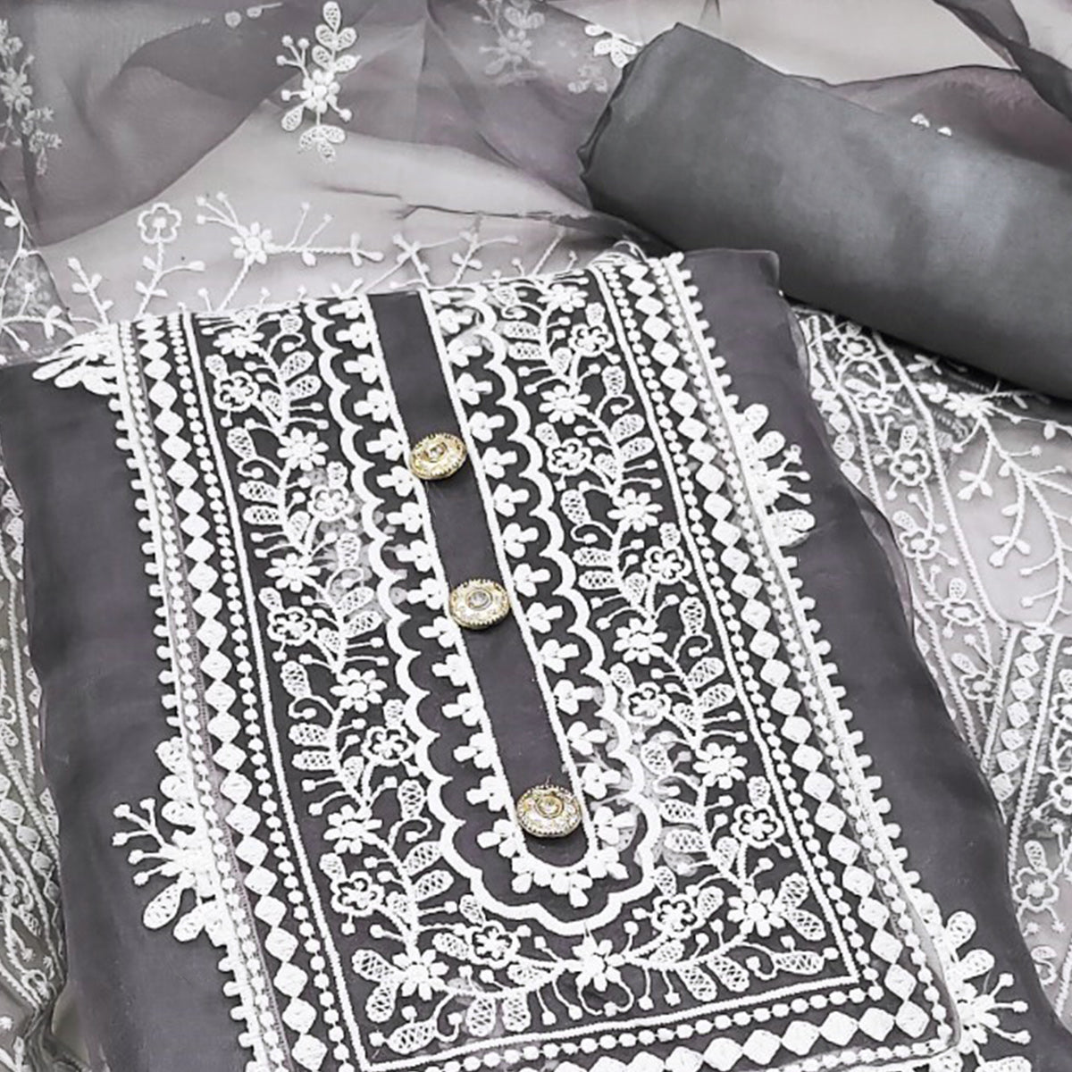 Grey Floral Embroidered Organza Dress Material