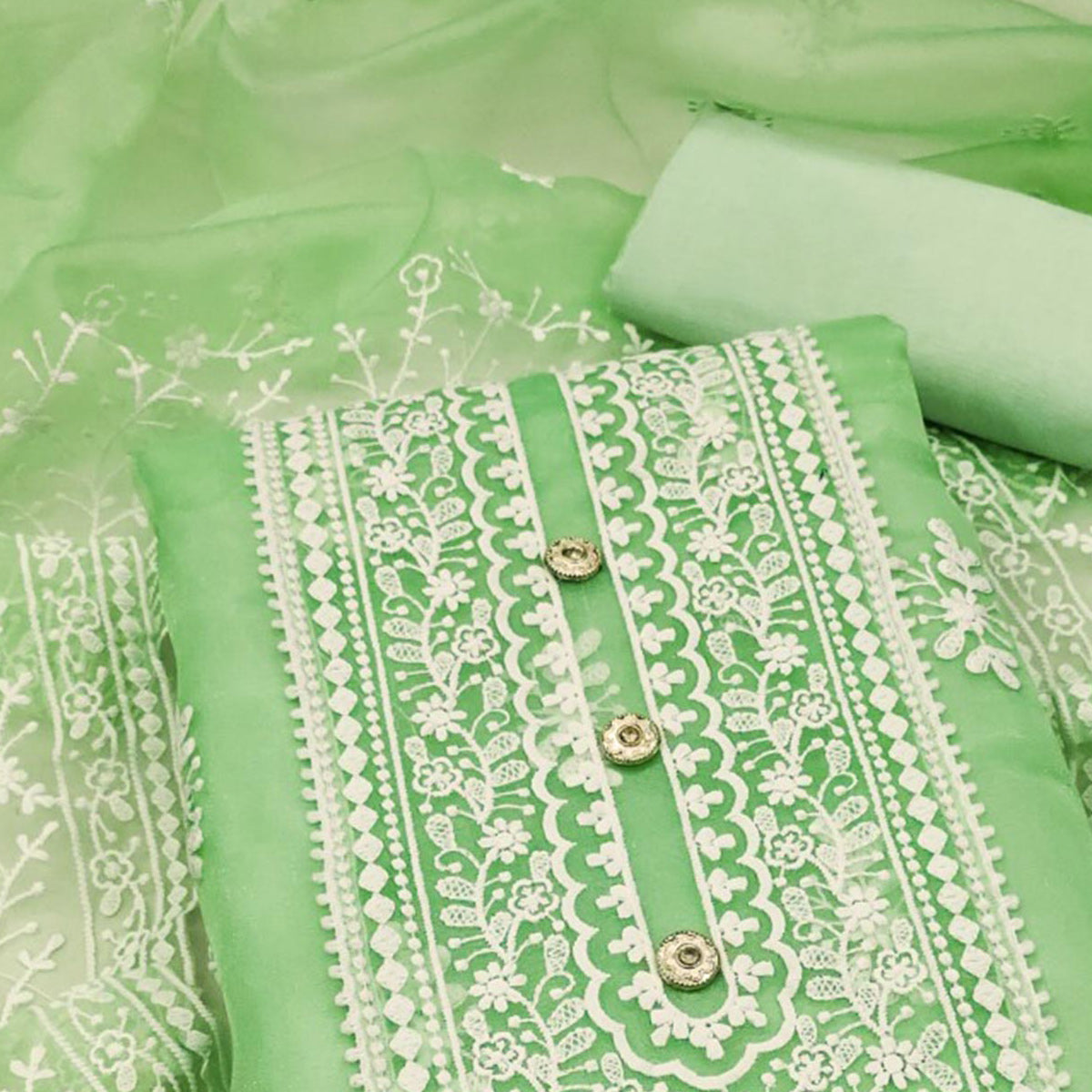 Light Green Floral Embroidered Organza Dress Material