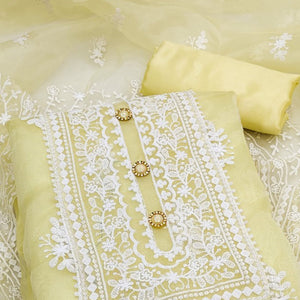 Light Yellow Floral Embroidered Organza Dress Material