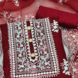 Maroon Floral Embroidered Organza Dress Material
