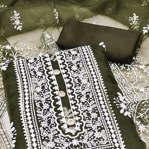 Mehendi Green Floral Embroidered Organza Dress Material