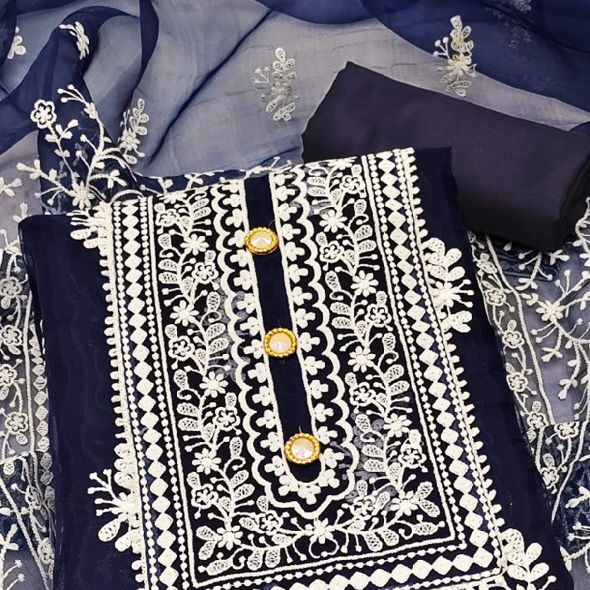 Navy Blue Floral Embroidered Organza Dress Material