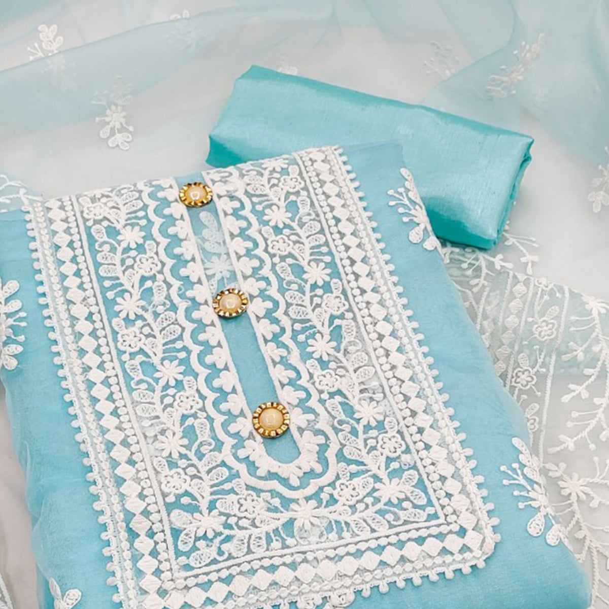 Sky Blue Floral Embroidered Organza Dress Material