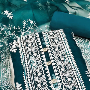Teal Floral Embroidered Organza Dress Material