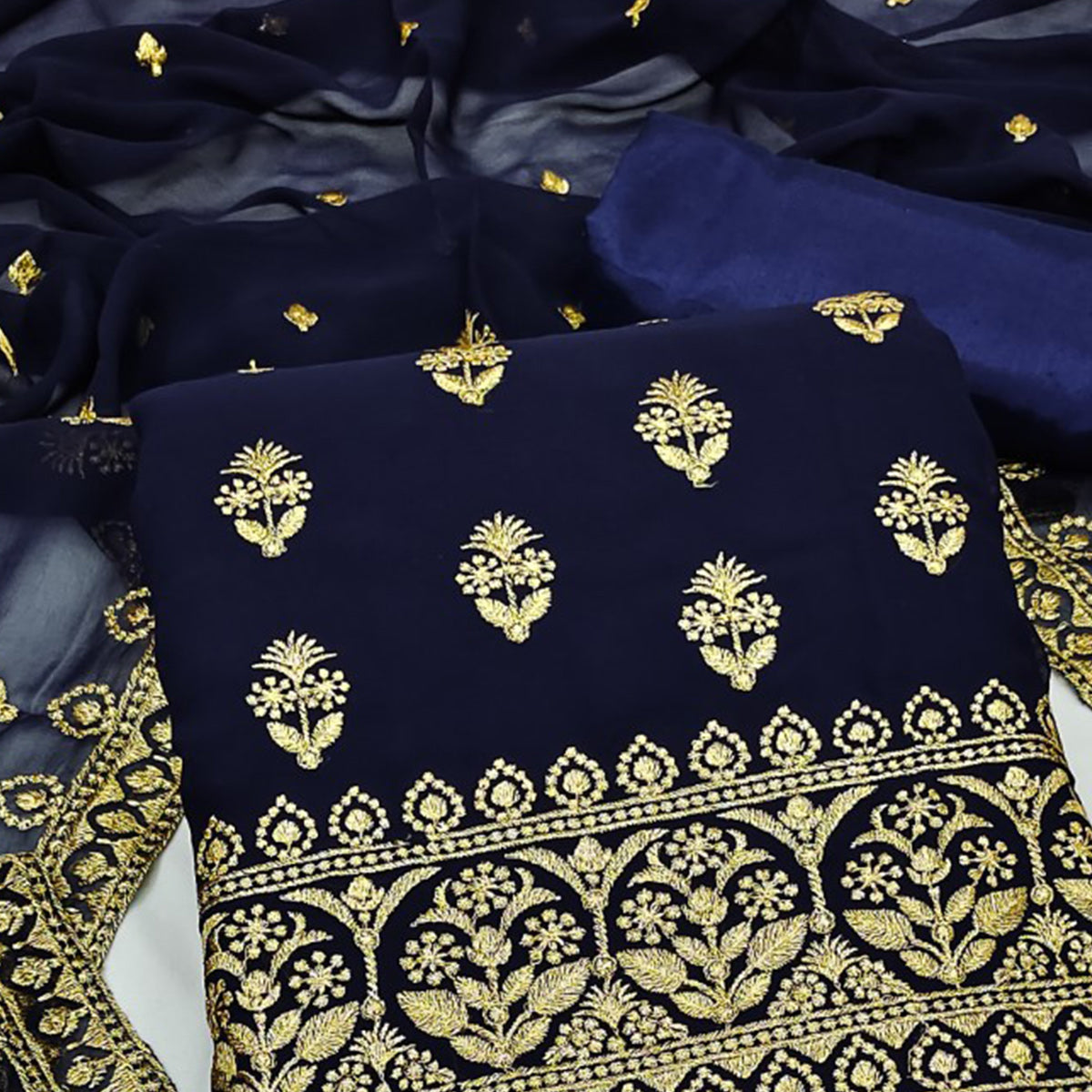 Navy Blue Floral Embroidered Georgette Dress Material