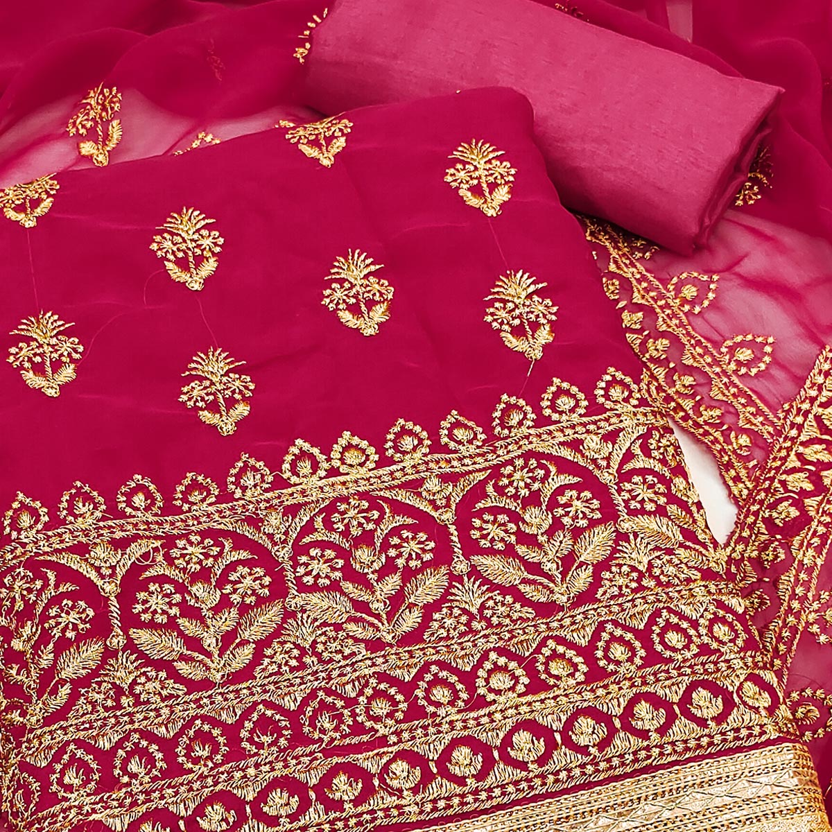 Pink Floral Embroidered Georgette Dress Material