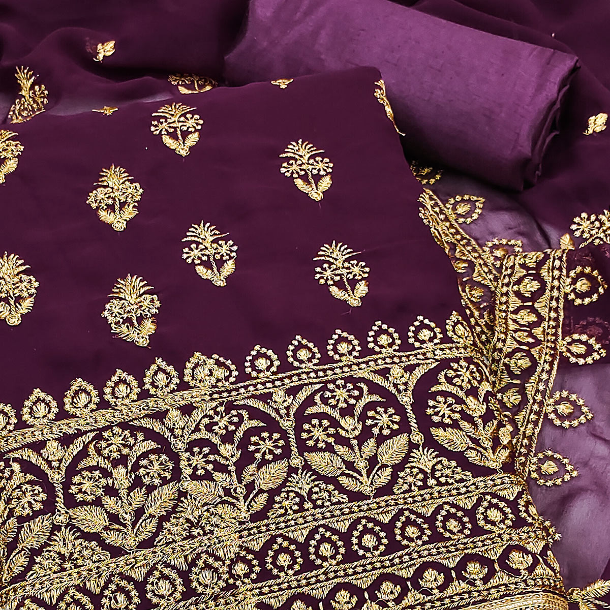 Purple Floral Embroidered Georgette Dress Material