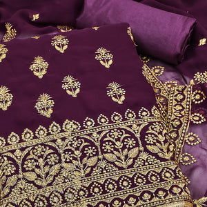 Purple Floral Embroidered Georgette Dress Material
