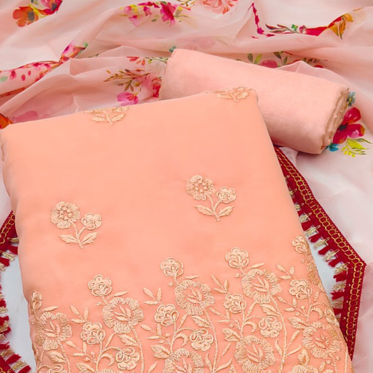 Peach Georgette Dress Material With Intricate Floral Thread Embroidery