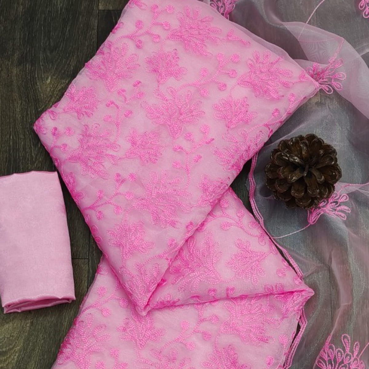 Pink Organza Dress Material With Graceful Floral Thread Embroidery