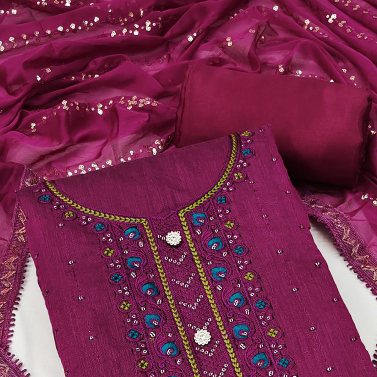Purple Sequins Embroidered Chanderi Dress Material