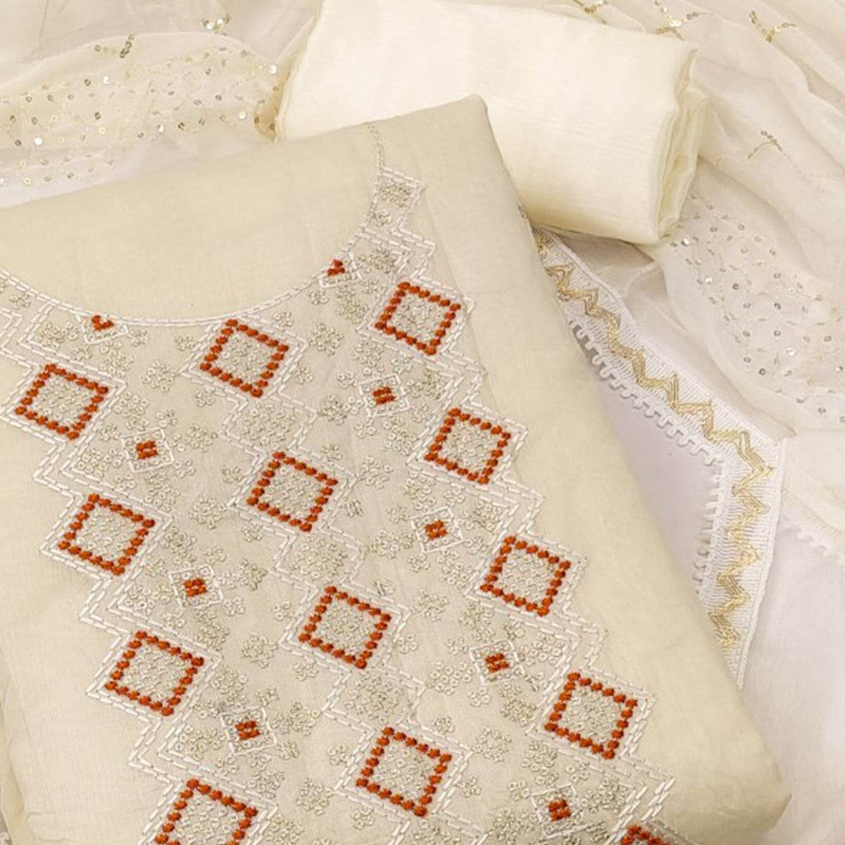 Chanderi Cotton Dress Material In Cream With Intricate Thread & Sequin Embroidery