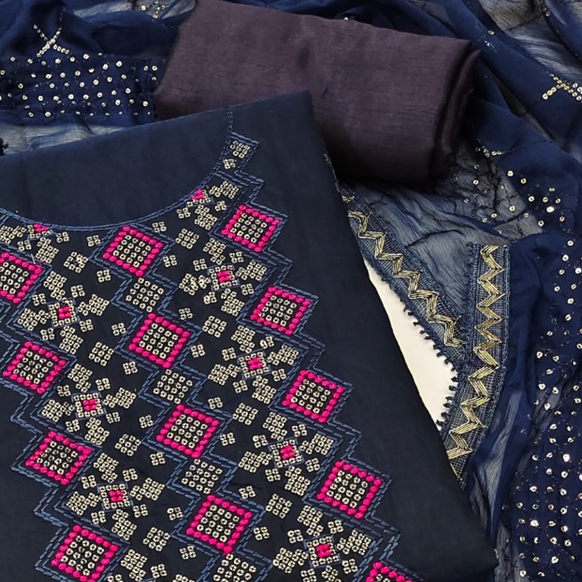 Chanderi Cotton Dress Material In Navy Blue With Intricate Thread & Sequin Embroidery