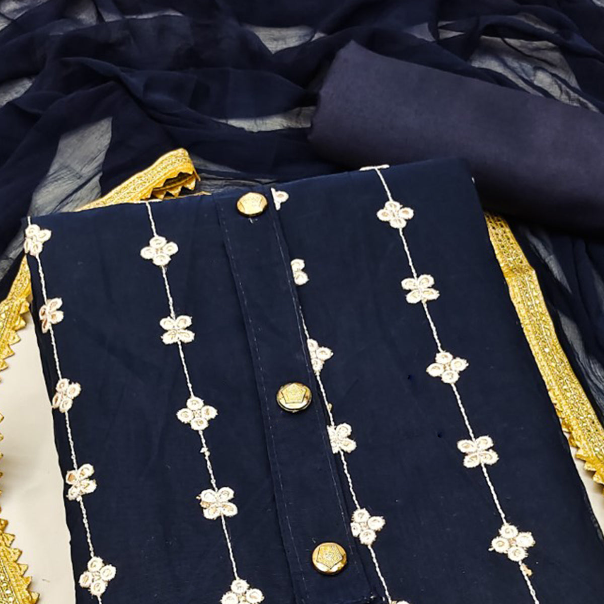 Navy Blue Dress Material With Floral Embroidery & Traditional Gota Patti Work